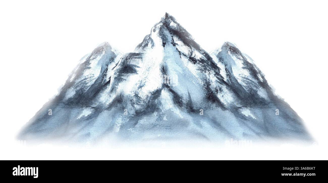 Montagne bleue avec trois sommets. Aquarelle roches enneigées. Pour camping, expédition, randonnée, affiches touristiques, conception de cartes de vœux. Image isolée. Main- Banque D'Images
