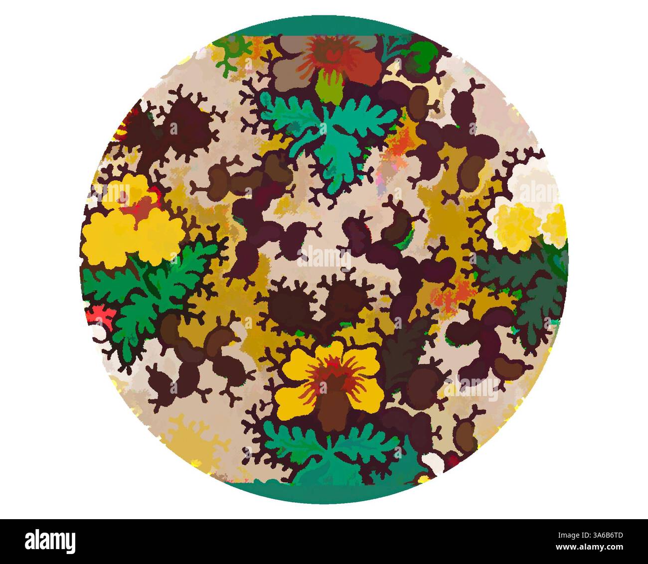 Un motif vibrant et tourbillonnant de fleurs et de feuillages aux couleurs riches, entrecoupées de formes amusantes et abstraites, créant un design vif et complexe. Art classique avec une touche moderne réinventé par Artotop, transformé les tissus français, première moitié du XIXe siècle Banque D'Images