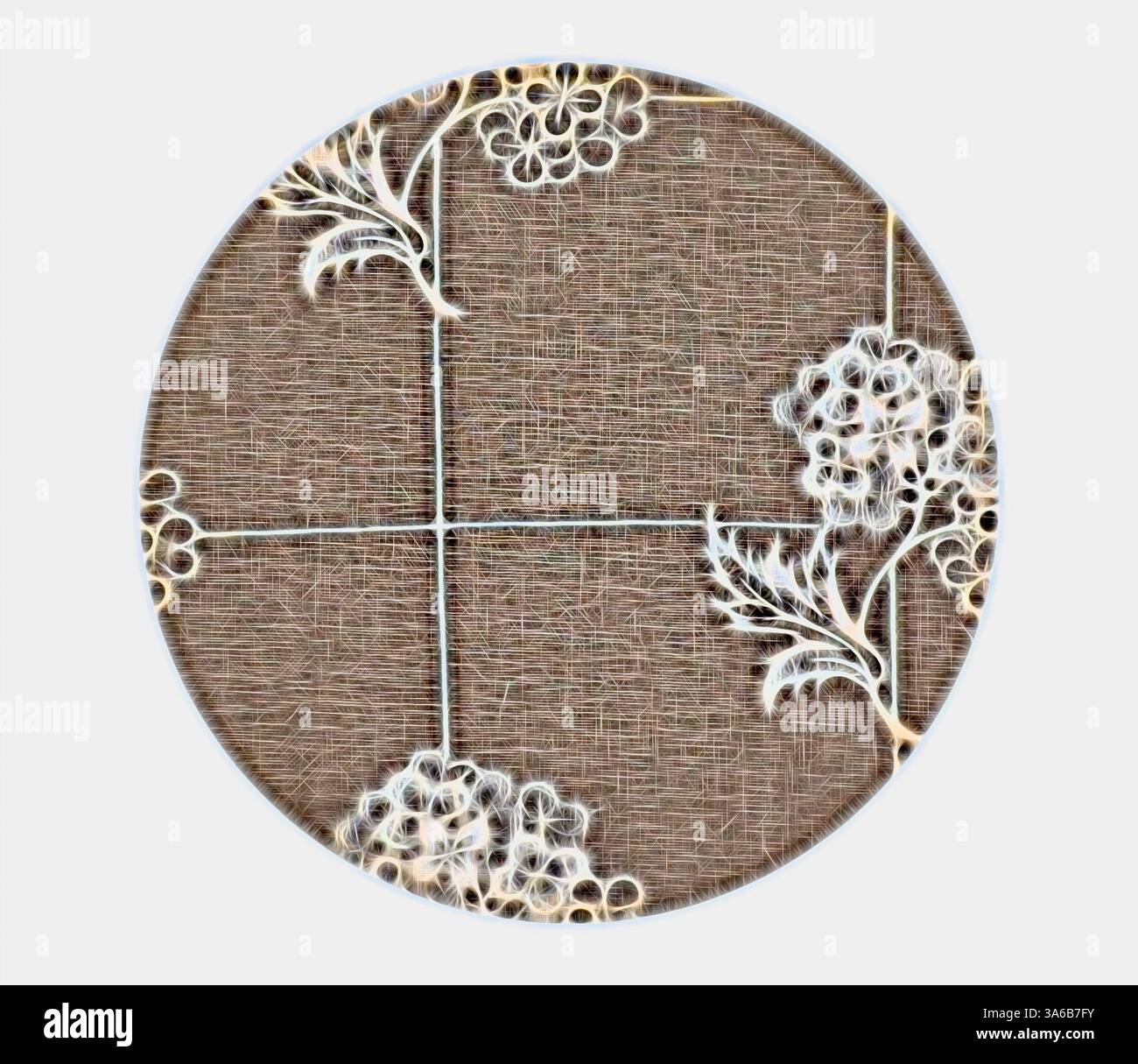 Un motif circulaire avec des motifs floraux complexes et des lignes quadrillées, créant une apparence texturée et artistique. Art classique avec une touche moderne réinventé par Artotop, transformé les tissus français, première moitié du XIXe siècle Banque D'Images
