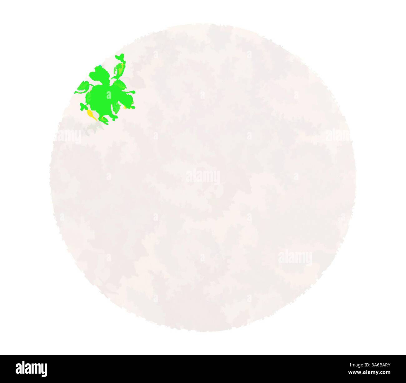 Un grand cercle pâle est orné d'une petite touche de vert éclatant dans le coin supérieur gauche, ressemblant au feuillage ou à la vie végétale sur un fond légèrement texturé. Art classique avec une touche moderne réinventé par Artotop, transformé les tissus français, première moitié du XIXe siècle Banque D'Images