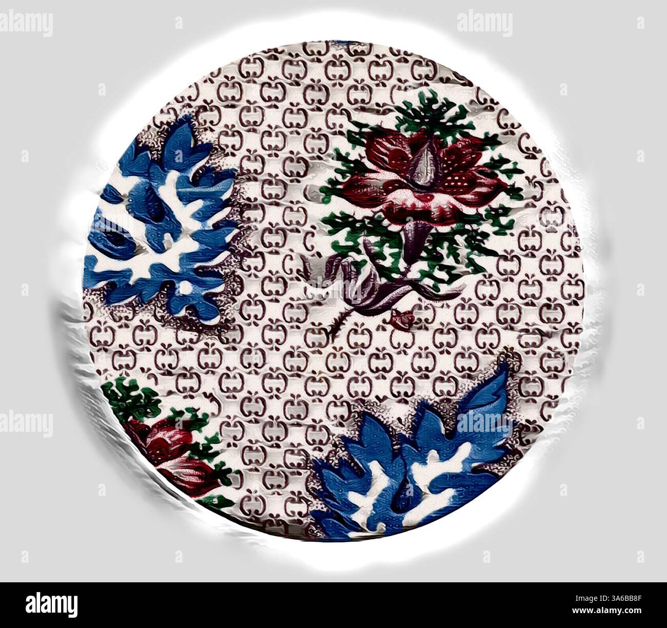 Un motif textile complexe avec motifs floraux et feuillage audacieux dans des couleurs riches, sur un motif logo répété. Art classique avec une touche moderne réinventé par Artotop, transformé les tissus français, première moitié du XIXe siècle Banque D'Images