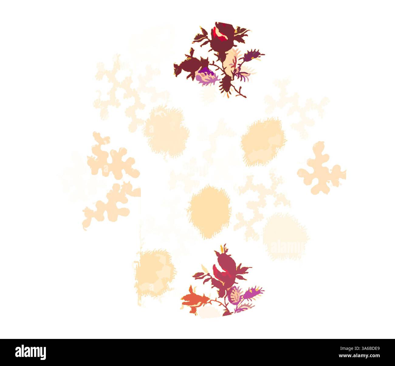 Un arrangement fantaisiste d'éléments floraux entrelacés avec des formes abstraites, mettant en valeur un mélange de teintes douces et de détails complexes. Le design respire une élégance ludique, parfait pour un thème inspiré de la nature. Art classique avec une touche moderne réinventé par Artotop, transformé les tissus français, première moitié du XIXe siècle Banque D'Images