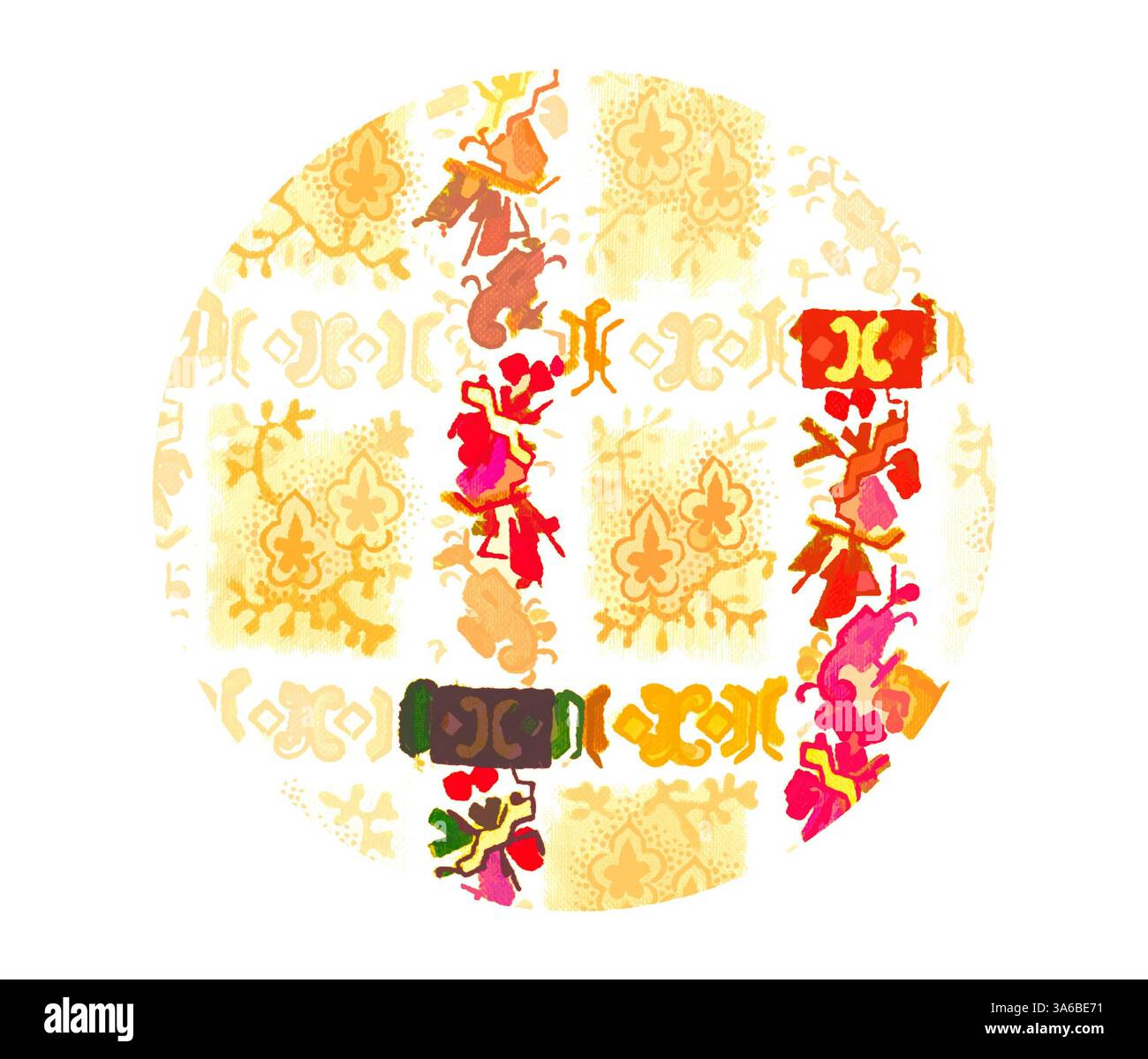 Un design circulaire vibrant avec des motifs complexes dans des tons chauds, accentués de motifs floraux et d'éléments décoratifs qui suggèrent un thème vivant et festif. Art classique avec une touche moderne réinventé par Artotop, transformé les tissus français, première moitié du XIXe siècle Banque D'Images