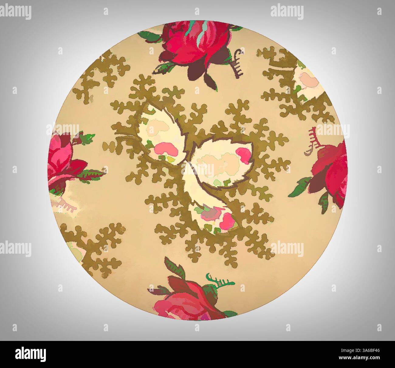 Un motif complexe composé de roses éclatantes et de délicates formes de papillon entrelacées avec des motifs feuillus, créant un arrangement floral harmonieux. Art classique avec une touche moderne réinventé par Artotop, transformé les tissus français, première moitié du XIXe siècle Banque D'Images