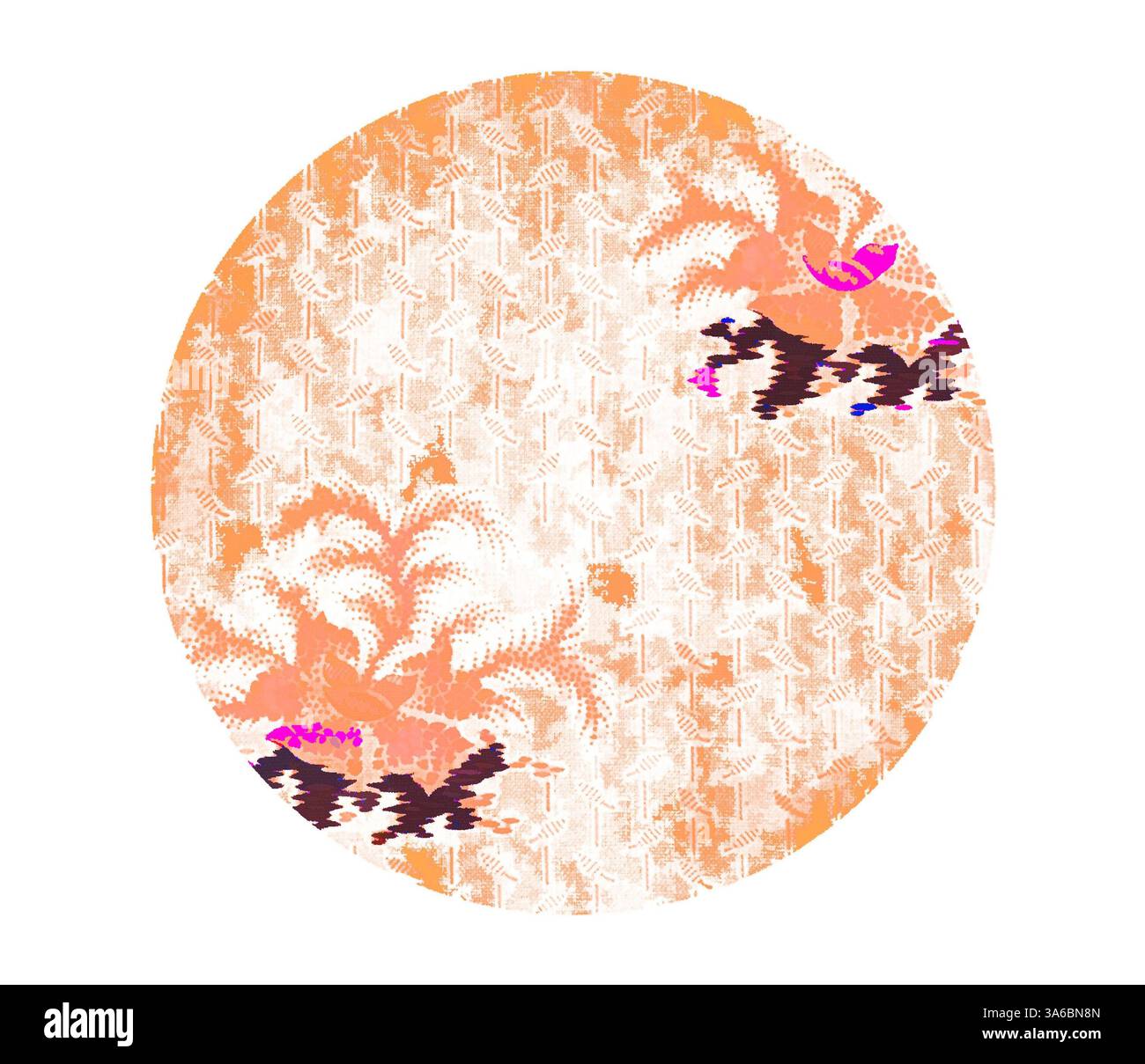 Motif circulaire aux motifs texturés dans des tons chauds, avec des figures abstraites ludiques et des motifs dynamiques. Les éléments créent une composition énergique et vibrante, invitant à un sens du mouvement et de fantaisie. Art classique avec une touche moderne réinventé par Artotop, transformé les tissus français, première moitié du XIXe siècle Banque D'Images