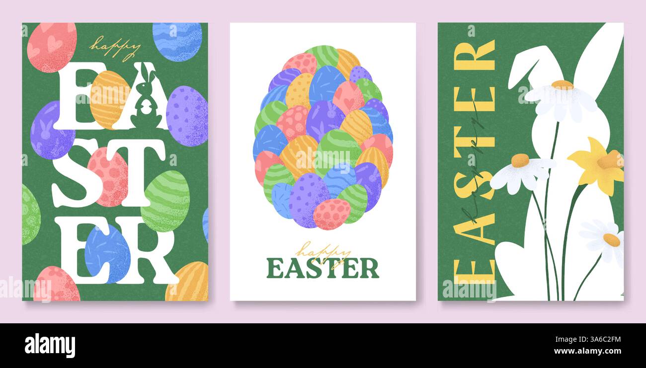 Ensemble de modèles de Pâques de vacances. Illustration vectorielle créative de Pâques avec des lapins, des fleurs, de l'herbe et des œufs. Affiches contemporaines pour les célébrations, br Illustration de Vecteur