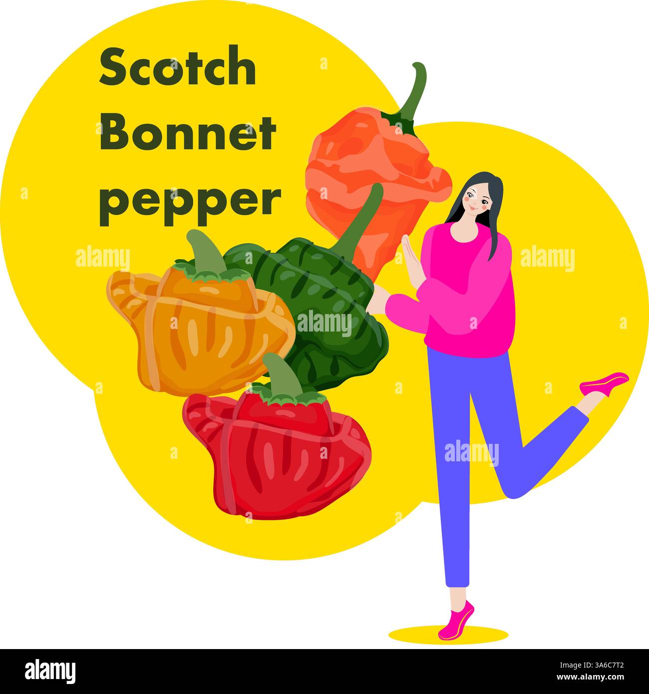 Une femme tient du poivre Scotch Bonnet. Ou du poivre jamaïcain. Piments. Illustration vectorielle isolée. Illustration de Vecteur