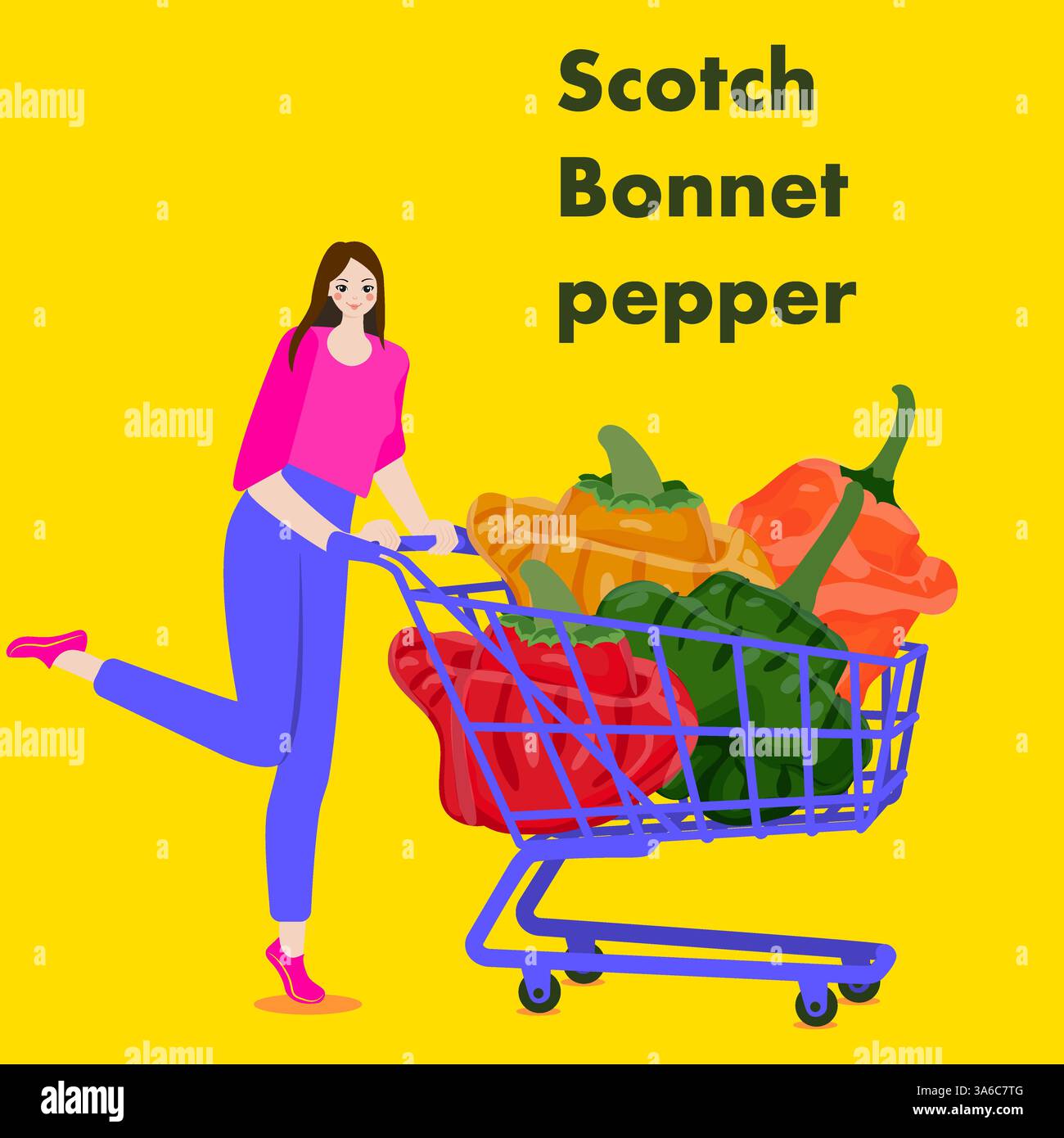 Une femme tient un chariot avec du poivre Scotch Bonnet. Ou du poivre jamaïcain. Piments. Illustration vectorielle isolée. Illustration de Vecteur