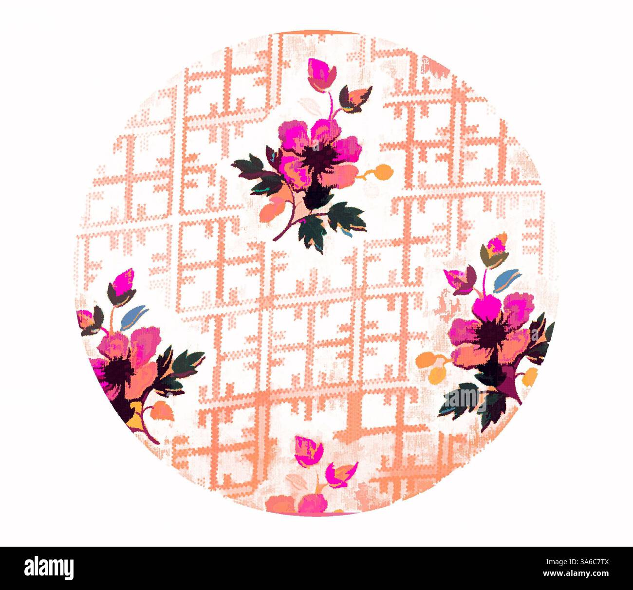 Un motif floral vibrant avec des fleurs rose vif et violet foncé sur un fond pêche clair, entouré d'un design géométrique subtil qui ajoute de la texture et de l'intérêt. Art classique avec une touche moderne réinventé par Artotop, transformé les tissus français, première moitié du XIXe siècle Banque D'Images