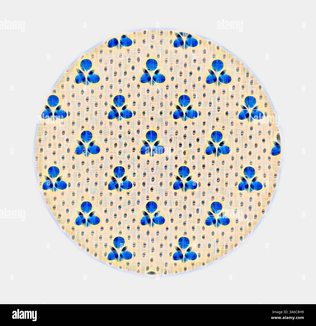 Un motif circulaire avec un motif répété de figures bleues sur un fond texturé, entrecoupé de petits points sombres. L'esthétique générale est ludique et vibrante. Art classique avec une touche moderne réinventé par Artotop, transformé les tissus français, première moitié du XIXe siècle Banque D'Images