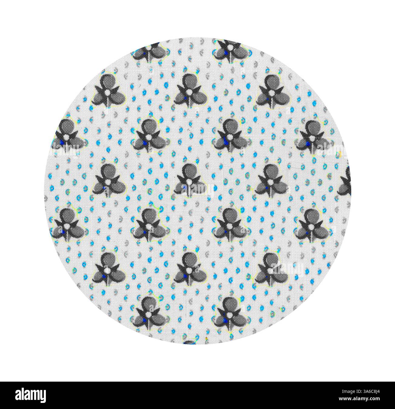 Un motif circulaire avec des figures ludiques dans différentes poses, entouré de petites formes de gouttes de pluie colorées, créant un design fantaisiste et joyeux. Art classique avec une touche moderne réinventé par Artotop, transformé les tissus français, première moitié du XIXe siècle Banque D'Images