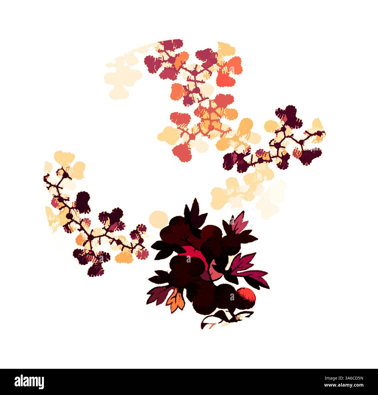 Un arrangement circulaire avec un feuillage vibrant et des grappes de fleurs délicates aux teintes riches, créant un mélange harmonieux de la beauté de la nature. Art classique avec une touche moderne réinventé par Artotop, transformé les tissus français, première moitié du XIXe siècle Banque D'Images