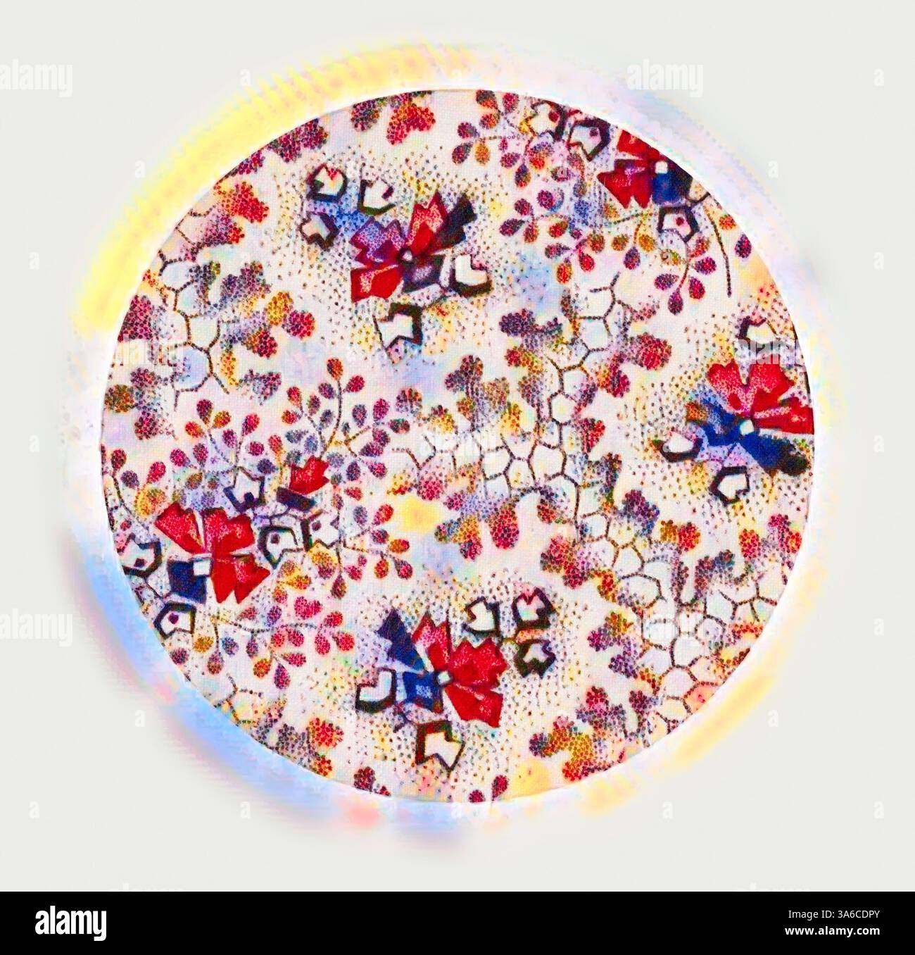 Un motif circulaire vibrant orné de motifs floraux complexes et de formes géométriques, combinant des nuances de rouge, bleu et blanc pour créer une composition visuellement captivante. Art classique avec une touche moderne réinventé par Artotop, transformé les tissus français, première moitié du XIXe siècle Banque D'Images