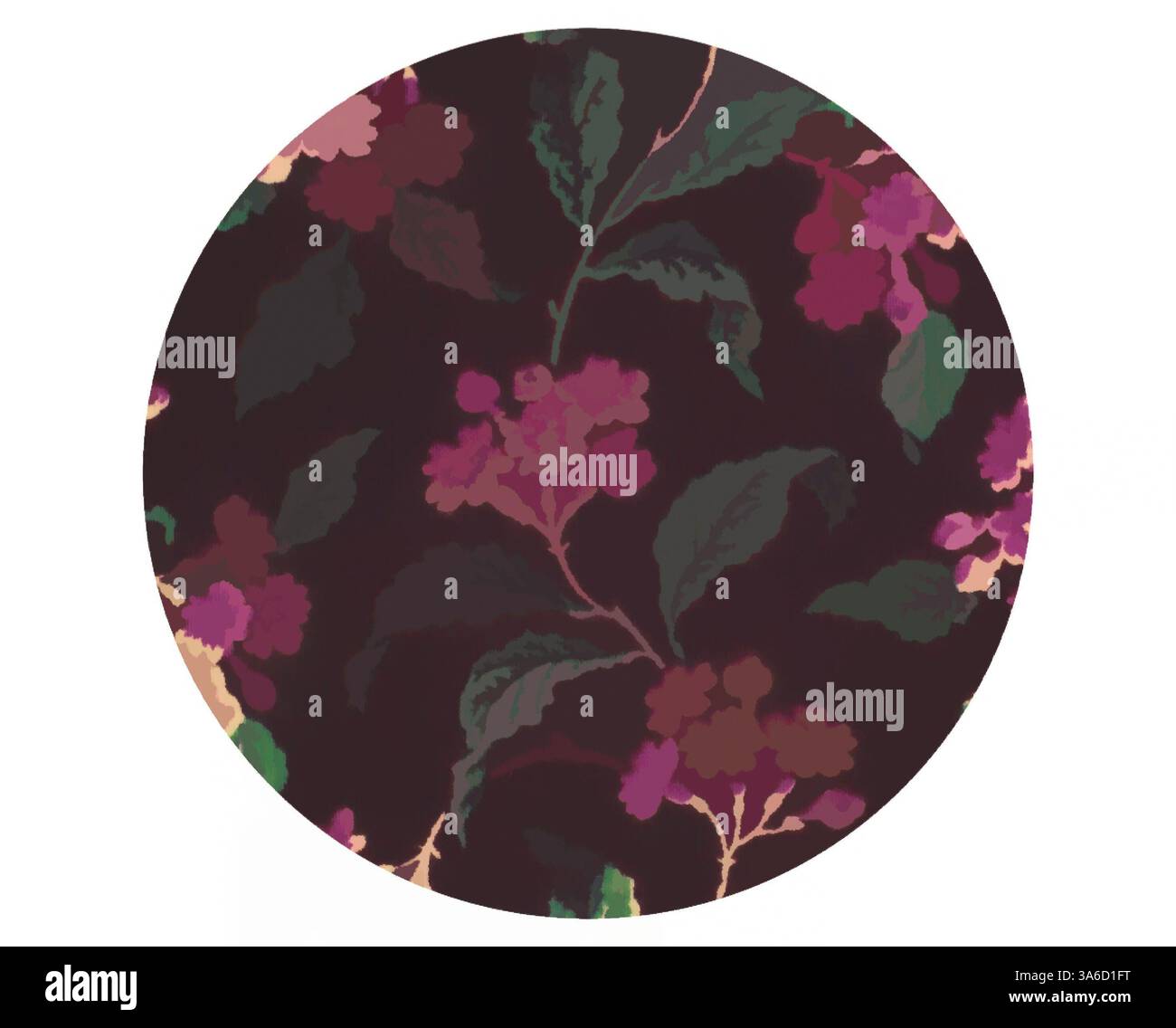 Un fond riche et sombre présente de délicates illustrations botaniques, mettant en valeur des amas de fleurs et de feuilles multicolores vibrantes qui s'entrelacent dans un motif élégant et organique. Art classique avec une touche moderne réinventé par Artotop, transformé les tissus français, première moitié du XIXe siècle Banque D'Images