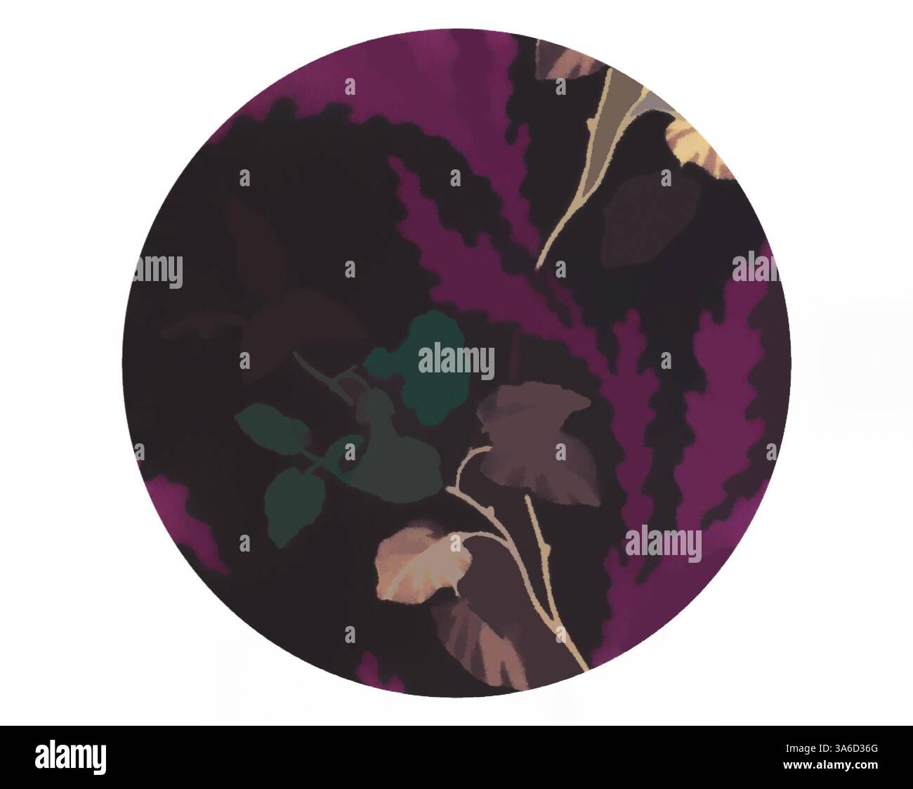 Un motif circulaire représentant un feuillage sombre et feuillu entrelacé avec des nuances de violet et des notes de vert, créant un motif riche et naturel. Art classique avec une touche moderne réinventé par Artotop, transformé les tissus français, première moitié du XIXe siècle Banque D'Images