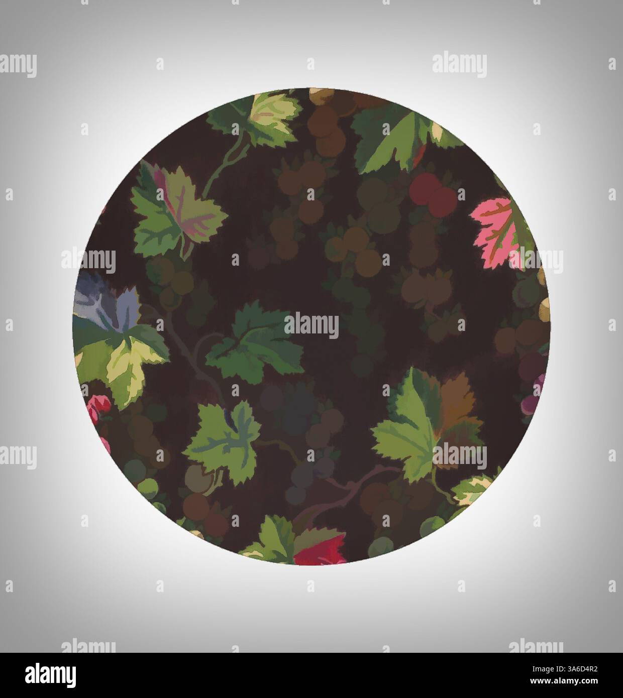 Un arrangement circulaire avec feuillage complexe et vignes dans une riche palette de couleurs, sur fond sombre. Art classique avec une touche moderne réinventé par Artotop, transformé les tissus français, première moitié du XIXe siècle Banque D'Images