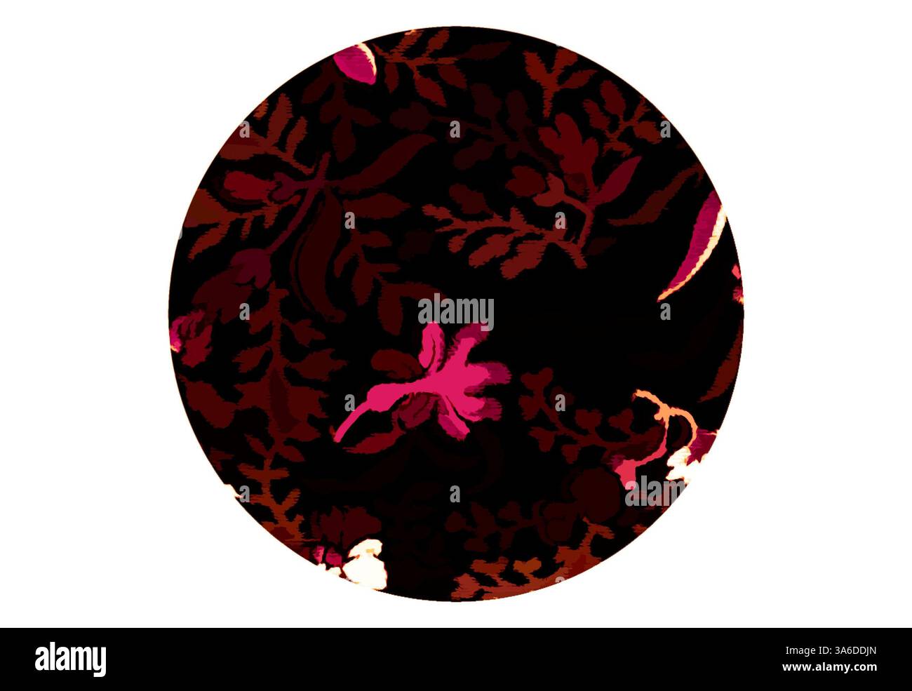 Motif circulaire orné de motifs floraux rose vif et rouge foncé entrelacés avec un riche feuillage sombre sur fond contrasté. Art classique avec une touche moderne réinventé par Artotop, transformé les tissus français, première moitié du XIXe siècle Banque D'Images