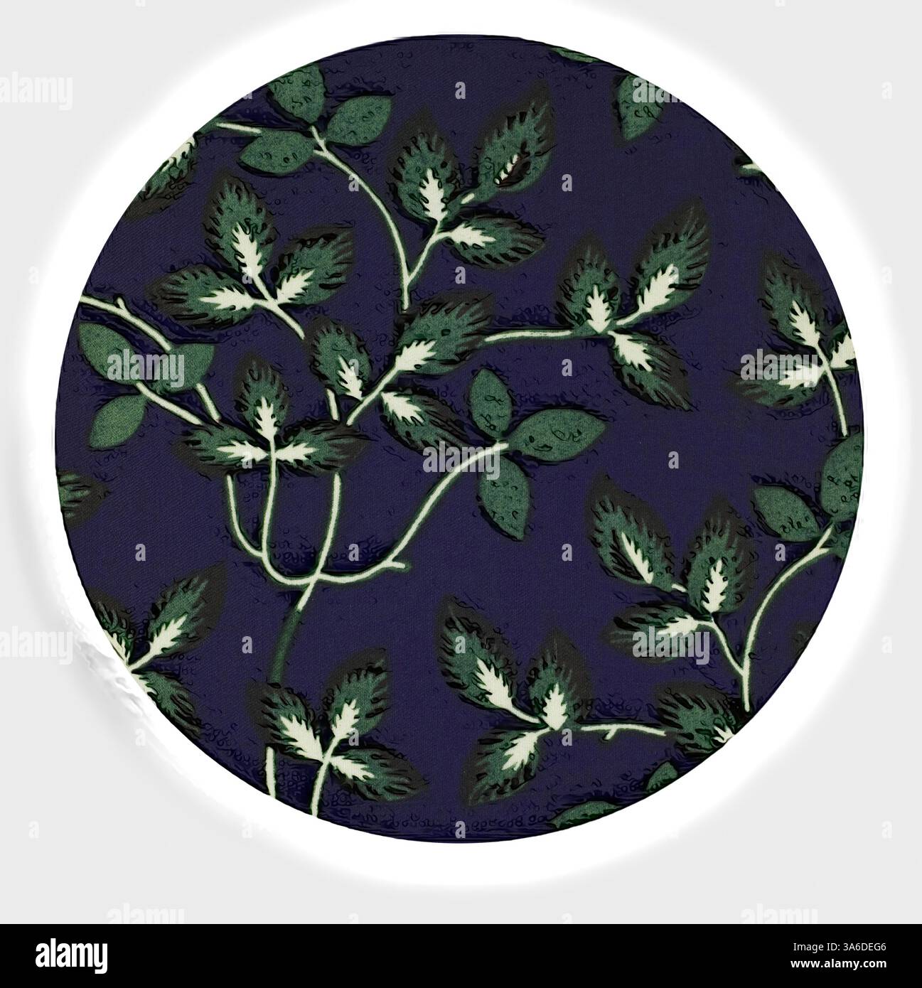 Un design circulaire avec des feuilles vertes complexes sur un fond riche et sombre, créant un contraste saisissant qui met en valeur la beauté de la nature. Art classique avec une touche moderne réinventé par Artotop Banque D'Images