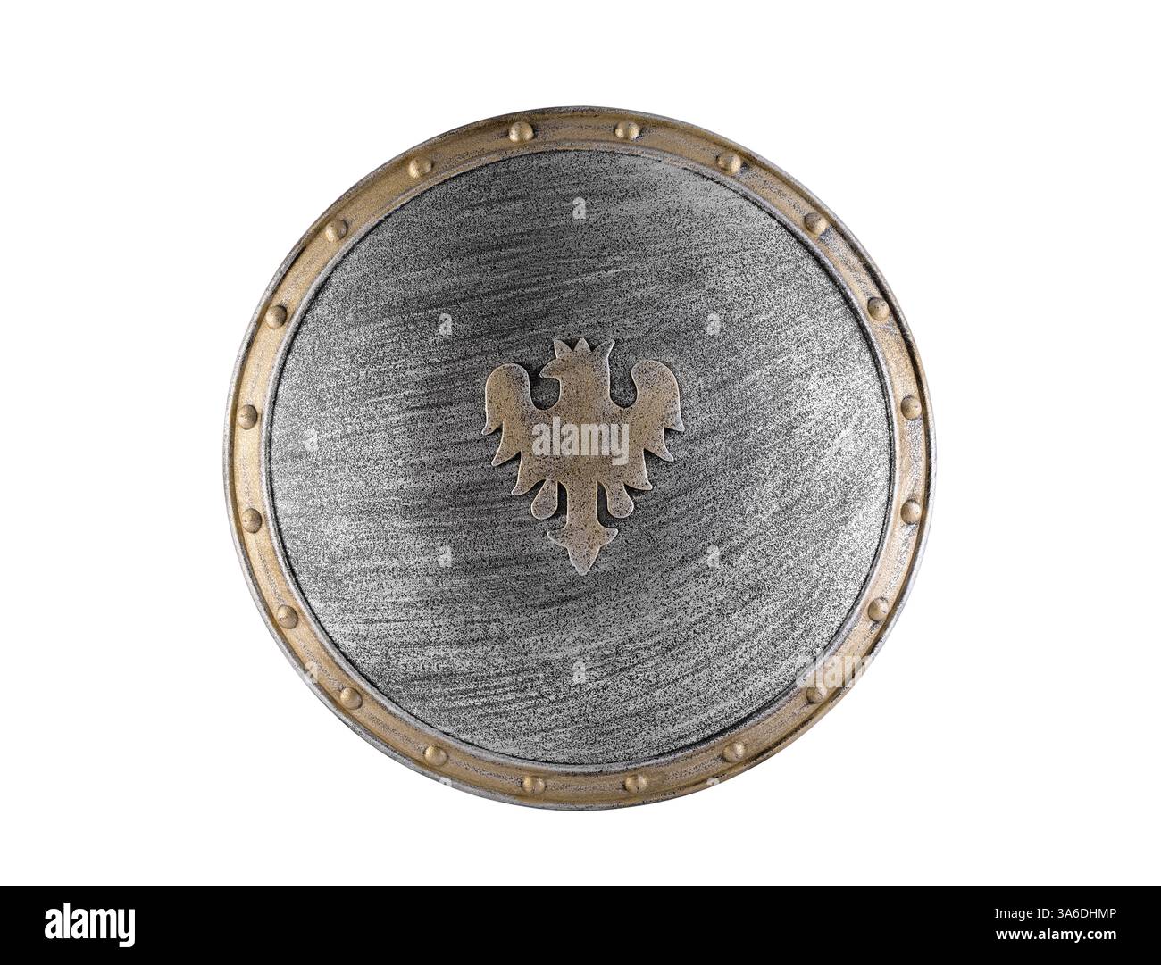 Ancien bouclier rond en métal décoré avec aigle isolé sur fond blanc avec chemin de découpage Banque D'Images