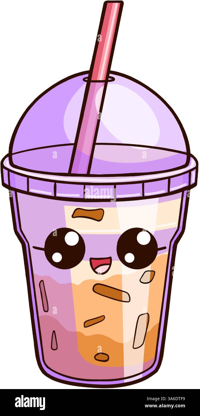 La tasse de café glacé dans le style kawaii. La tasse est violette, avec un couvercle en dôme transparent, une paille rose, de grands yeux ronds et une petite bouche souriante. Mignon ve Illustration de Vecteur