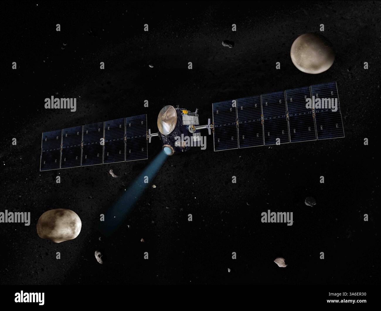 15 juin 2005 - vaisseau spatial Dawn de la NASA..cinq ans du vaisseau spatial Dawn de la NASA..concept d'artiste du vaisseau spatial Dawn de la NASA. L'astéroïde géant Vesta, la prochaine destination de Dawn, se trouve en bas à gauche. Un autre astéroïde plus grand et Dawn (crédit image : © NASA/ZUMA Wire) Banque D'Images