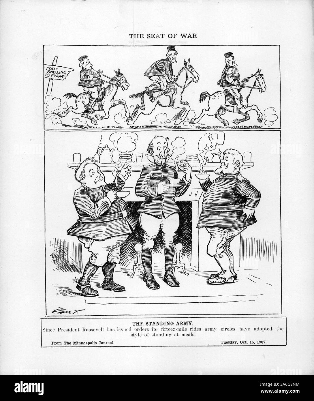 Cette illustration montre trois officiers voyageant à 24 milles vers Fort Snelling dans le panneau supérieur, tandis que dans le panneau inférieur, ils sont représentés debout inconfortablement au dîner. La légende fait référence avec humour à un nouveau style de l'armée de se tenir debout aux repas après l'ordre du président Roosevelt pour de longues promenades. Banque D'Images