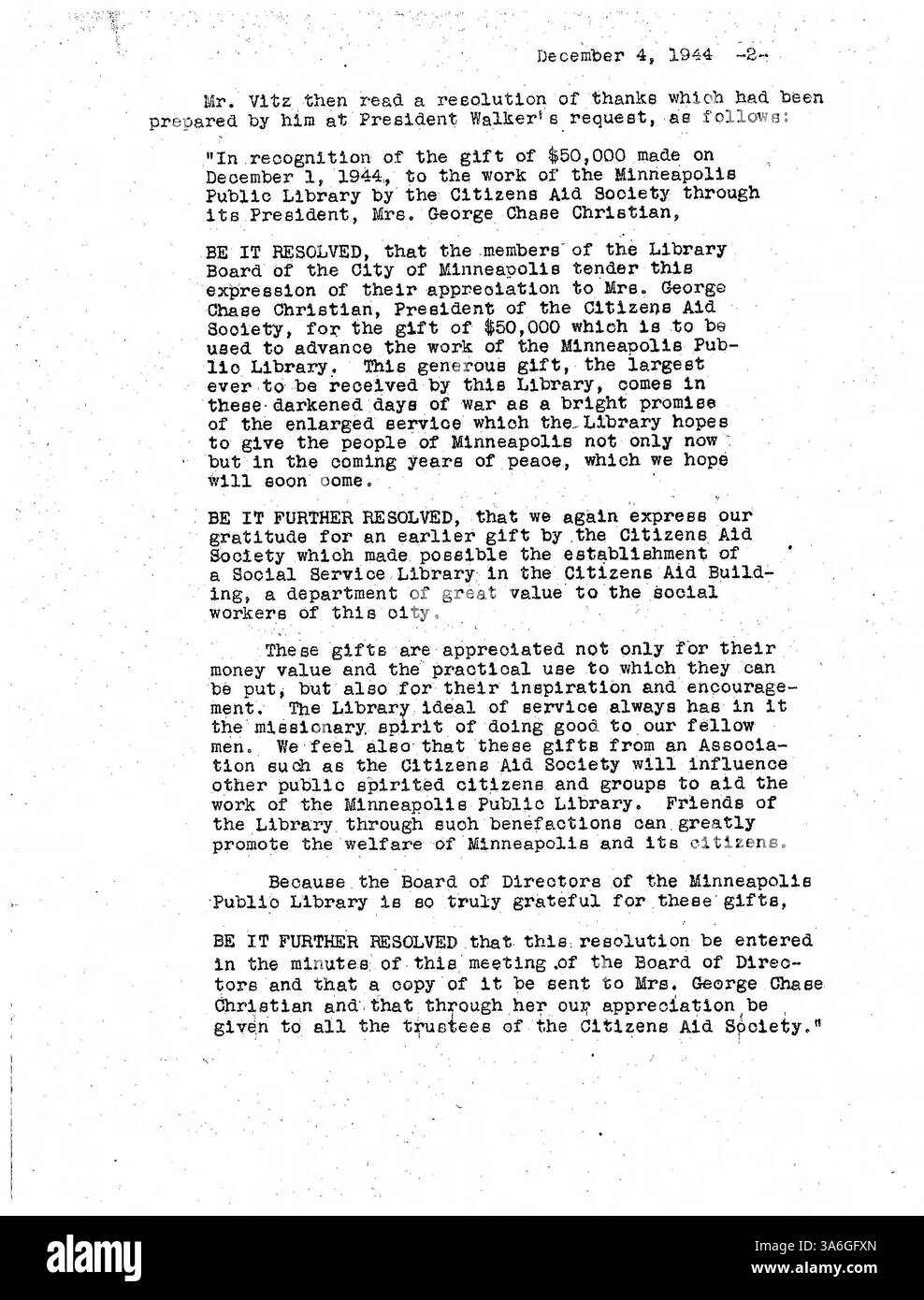 Les 1944 minutes du conseil d'administration de la Bibliothèque publique de Minneapolis détaillent les décisions relatives aux bibliothèques publiques, aux ressources éducatives et à la sensibilisation communautaire dans le comté de Hennepin. Banque D'Images