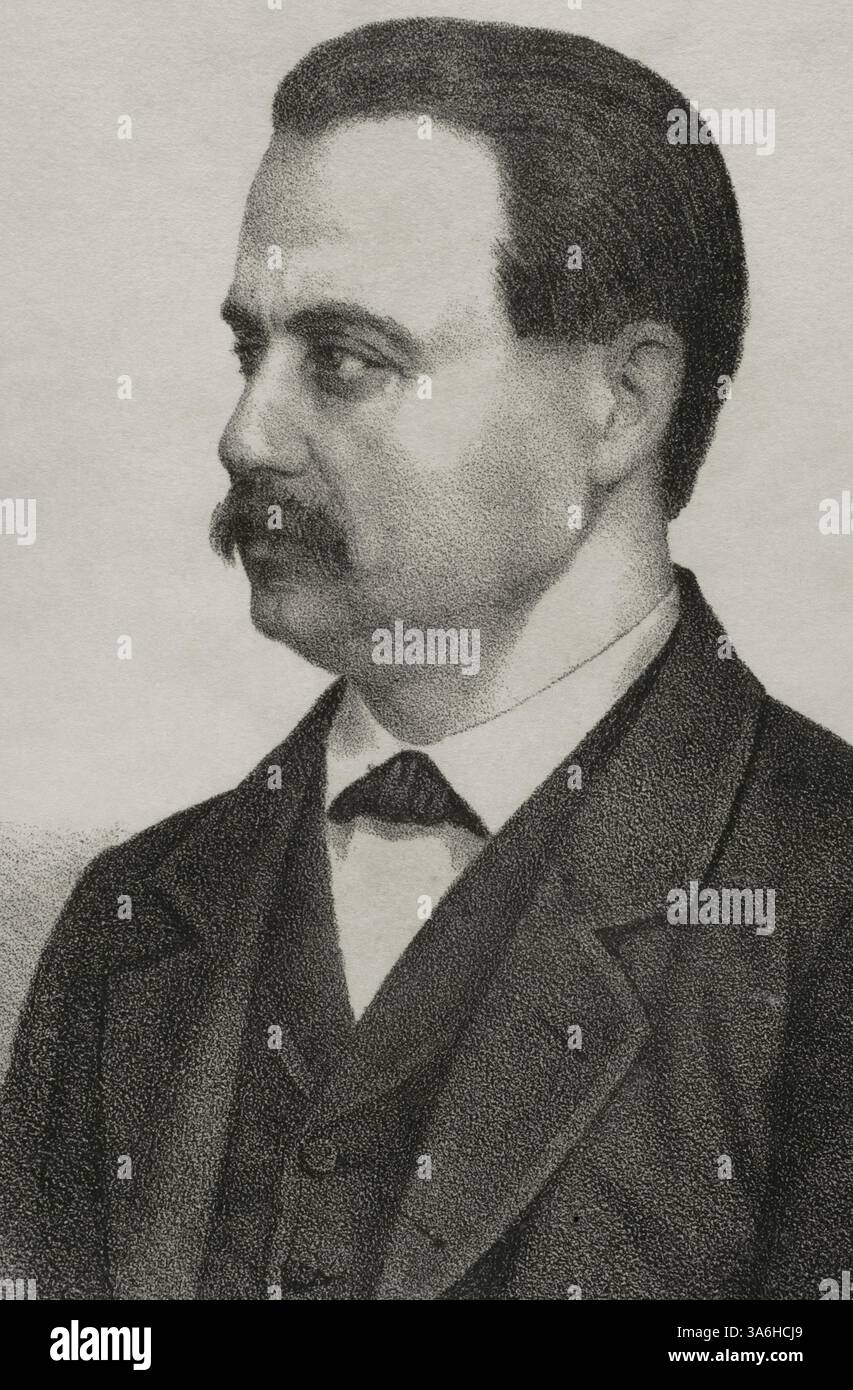 Antonio Cánovas del Castillo (1828-1897) Politicien et historien espagnol. Fondateur du Parti conservateur. Portrait. Dessin de Llanta. Lithographie. Détail. « Cronica General de España, Historia Ilustrada y Descriptiva de sus Provincias. Andalucia', 1869. Banque D'Images