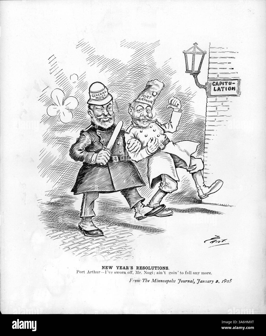 Une caricature politique montre le policier général Nogi escortant Port Arthur ivrogne jusqu'à la capitulation, faisant référence au siège de Port Arthur pendant la guerre russo-japonaise. Banque D'Images