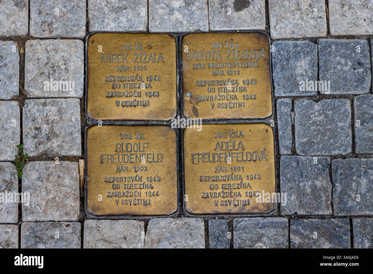 Photo de Stumbling Stones par l'artiste Gunter Demnig, à la mémoire de concitoyens juifs victimes du régime nazi. Prague. république tchèque. Banque D'Images