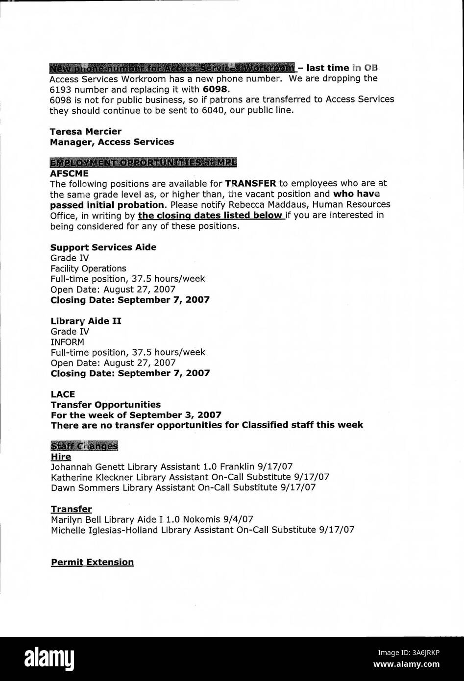 Le bulletin officiel de la Bibliothèque publique de Minneapolis de 2007 fournit aux employés de la bibliothèque du comté de Hennepin des mises à jour hebdomadaires sur les services de bibliothèque, les nouvelles internes, les politiques et les événements. Banque D'Images