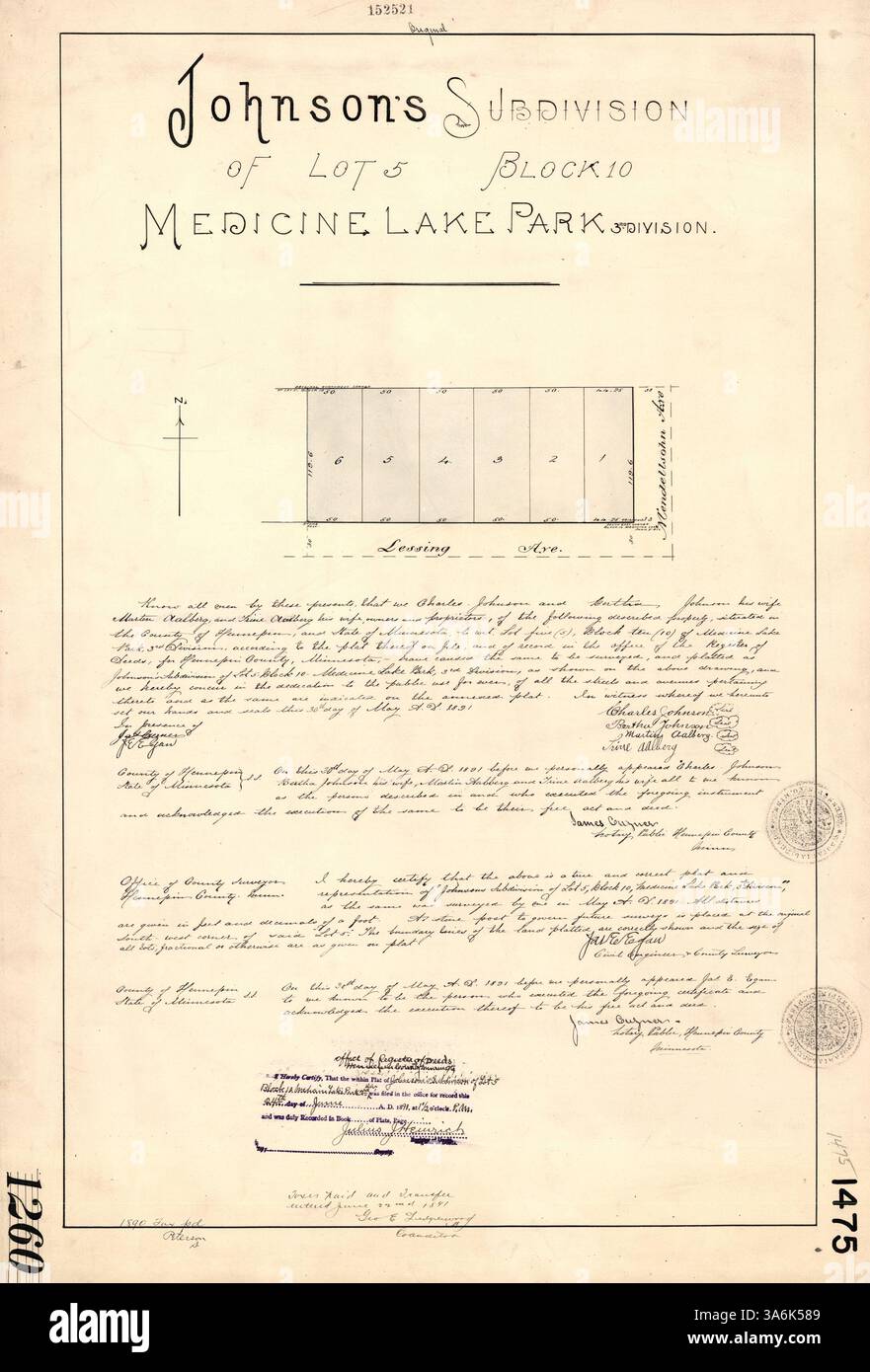 Cette carte montre la subdivision de Johnson dans la 3e division de Medicine Lake Park. Il décrit le lot 5 dans le bloc 10, fournissant un plan détaillé de la zone pour le développement résidentiel ou commercial. Banque D'Images