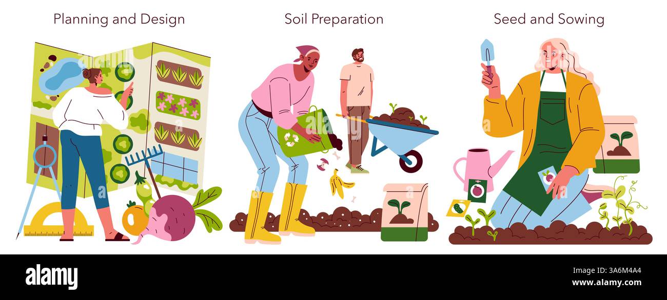 Concept de jardin autonome. Cette illustration montre les différentes étapes du jardinage, y compris la planification, la préparation du sol et le semis de graines. Il souligne l'importance des techniques de jardinage et de la durabilité. Illustration vectorielle. Illustration de Vecteur