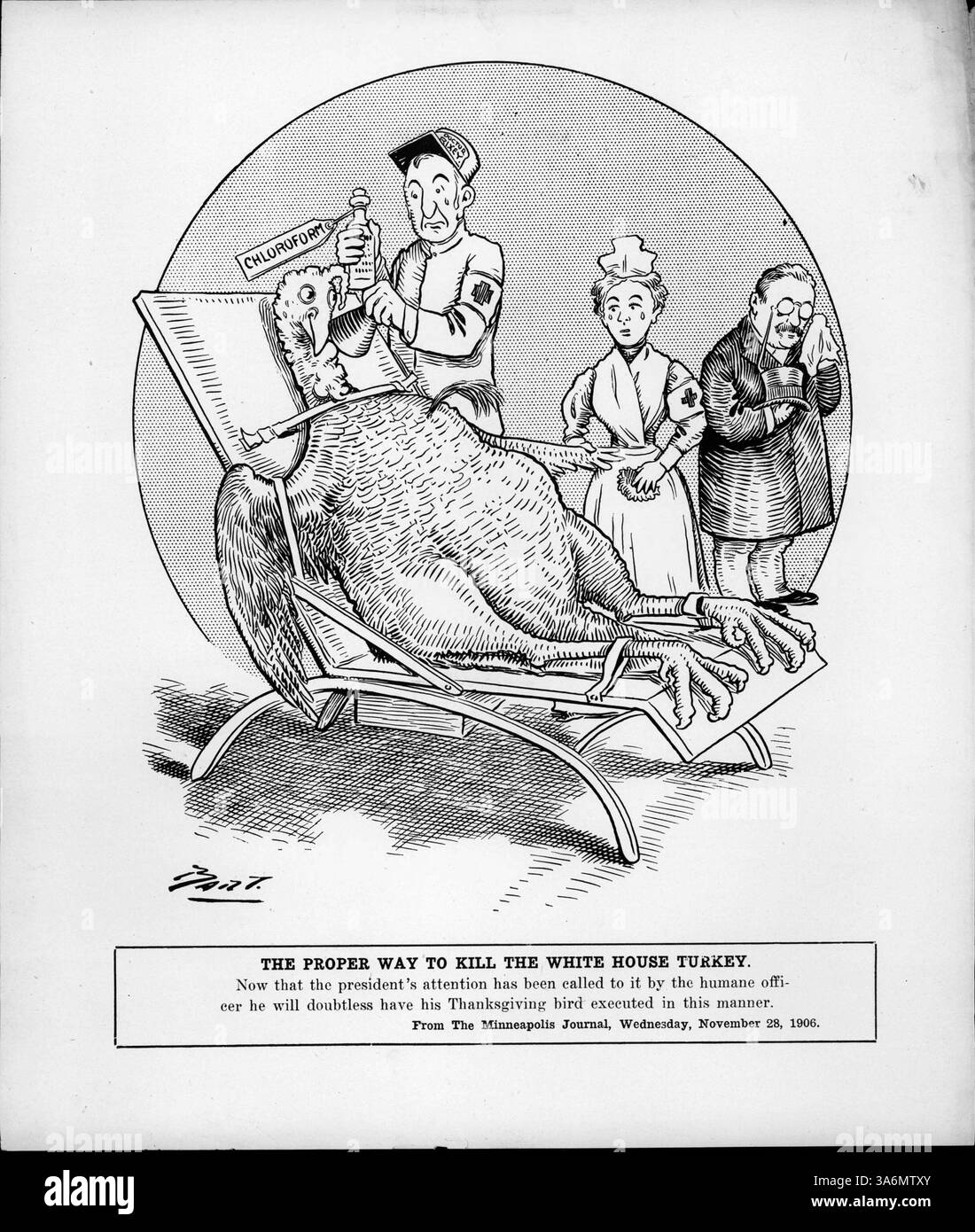Une caricature politique décrit la méthode humaine suggérée pour tuer la turquie de Thanksgiving, impliquant le président Roosevelt, un officier humain et une infirmière, à la suite d'un tollé public pour un traitement plus éthique des animaux. Banque D'Images