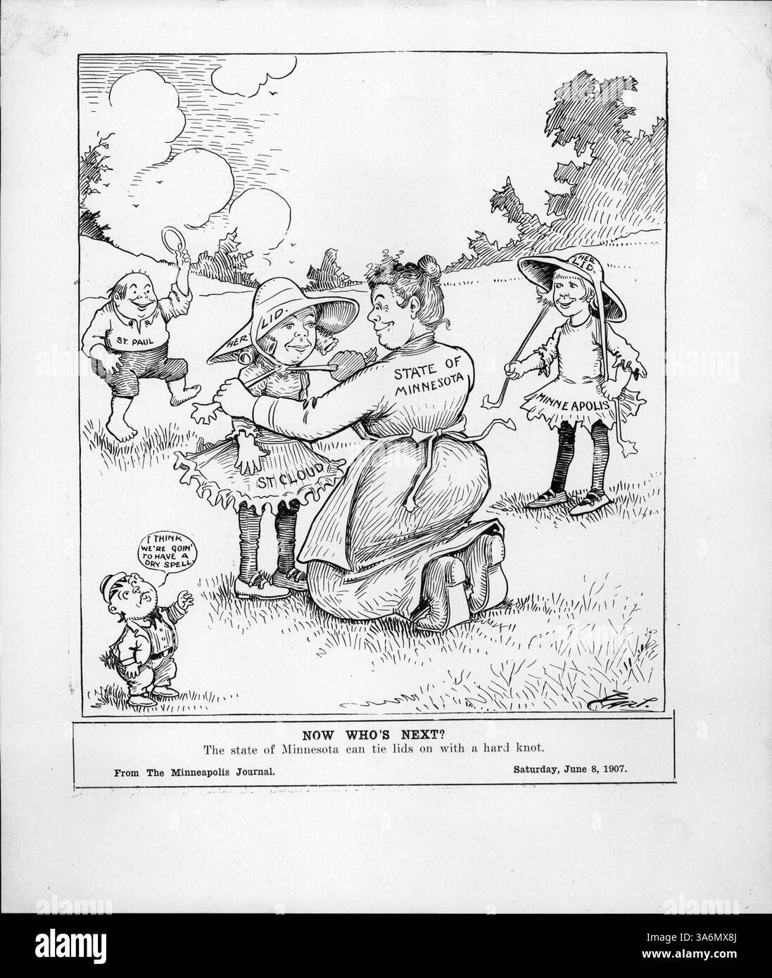 Cette caricature politique représente le gouvernement de l'État du Minnesota appliquant une loi autorisant la fermeture des salons le dimanche sur la base de plaintes, utilisant l'humour pour répondre aux récentes décisions de justice. Banque D'Images