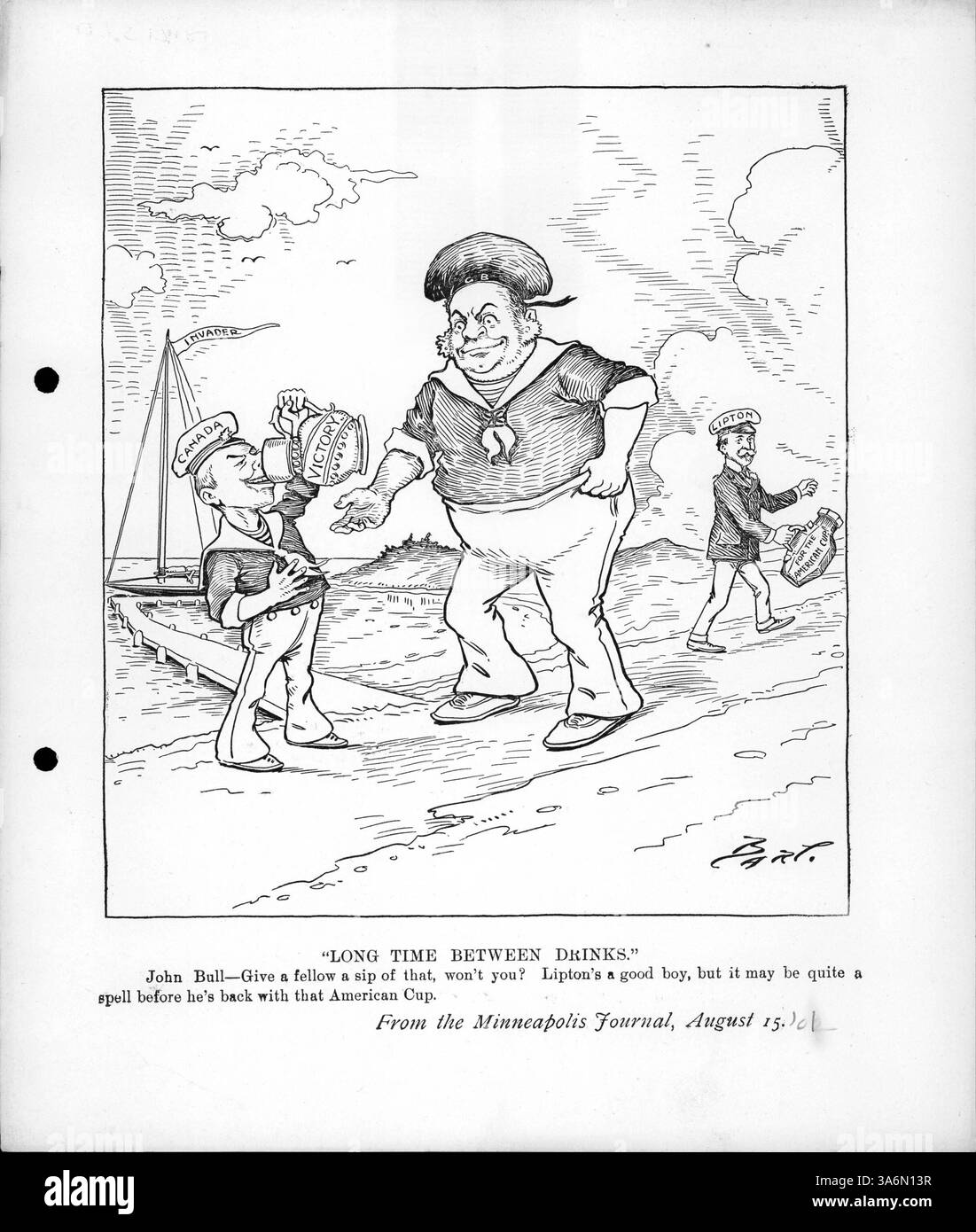 Dans cette nouvelle historique, John Bull demande au Canada une gorgée de victoire, incertain des chances de Sir Thomas Lipton de remporter la régate de la Coupe de l’America. La légende humoristique reflète les nouvelles contemporaines, soulignant la victoire éventuelle du Canada dans l'événement. Banque D'Images
