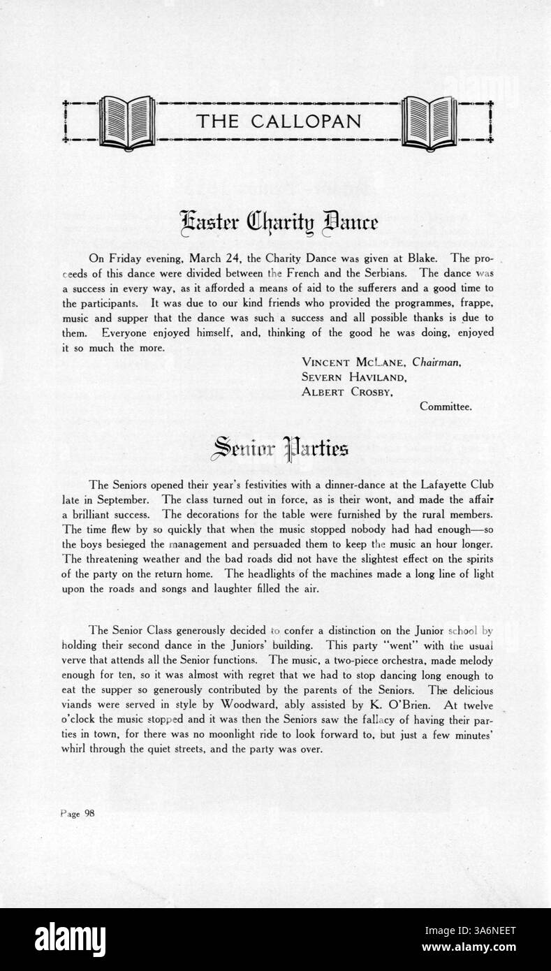 'The Callopan' Blake Yearbook of 1916 est un document historique présentant les étudiants, les enseignants, les clubs, l'athlétisme et les événements qui se sont produits au cours de l'année scolaire 1915-1916 à Blake School. Banque D'Images