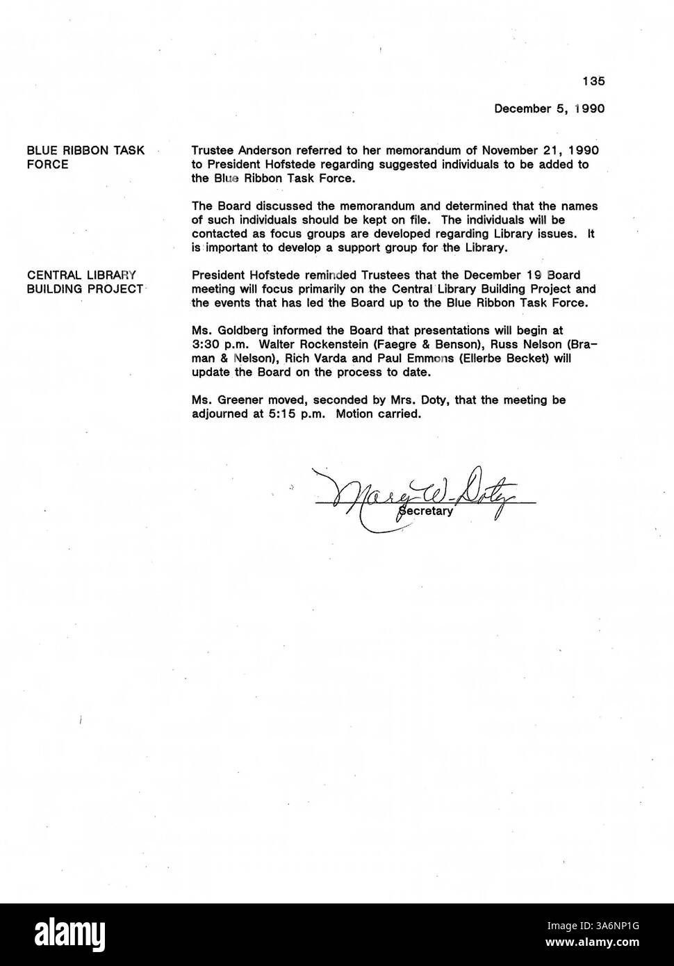 Procès-verbal de la réunion du conseil d’administration de la Bibliothèque publique de Minneapolis de 1990, axé sur les décisions concernant le fonctionnement des bibliothèques, les initiatives éducatives et la collaboration de la bibliothèque du comté de Hennepin avec les établissements d’enseignement locaux. Banque D'Images