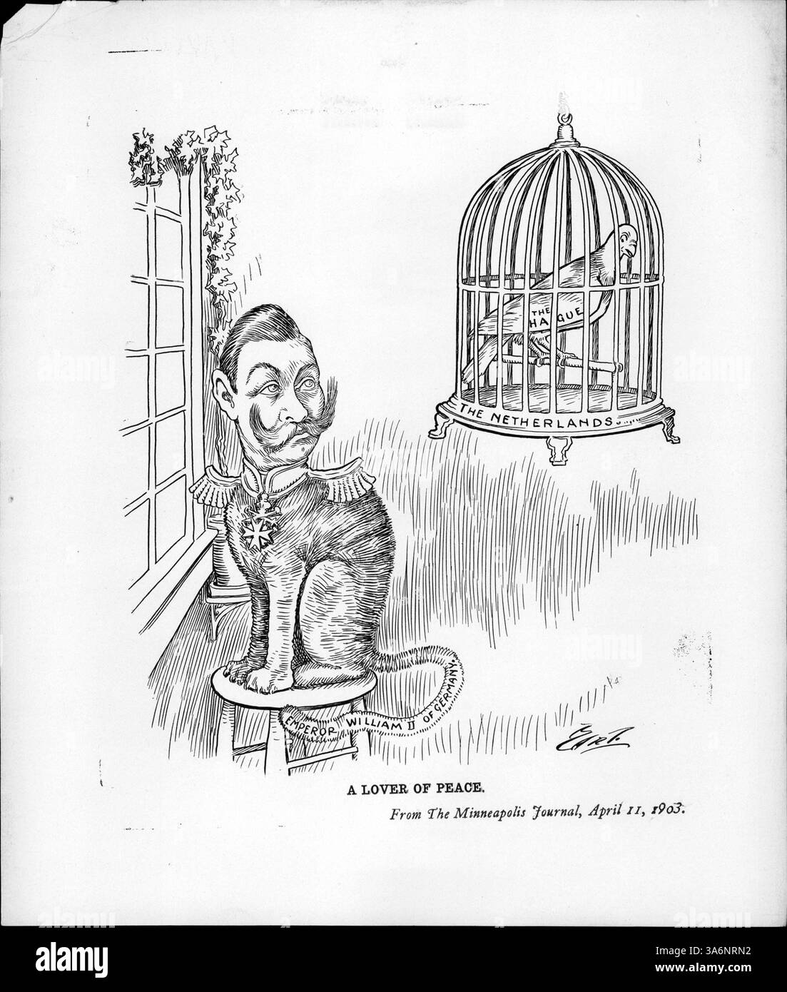 L'image intitulée « Un amoureux de la paix » représente l'empereur Guillaume II d'Allemagne observant un canari dans une cage de la Haye. Cette scène reflète avec humour sa politique étrangère agressive, notamment en Afrique, tout en étant contraint par la diplomatie internationale à la Haye. La date est mal attribuée à 1903. Banque D'Images