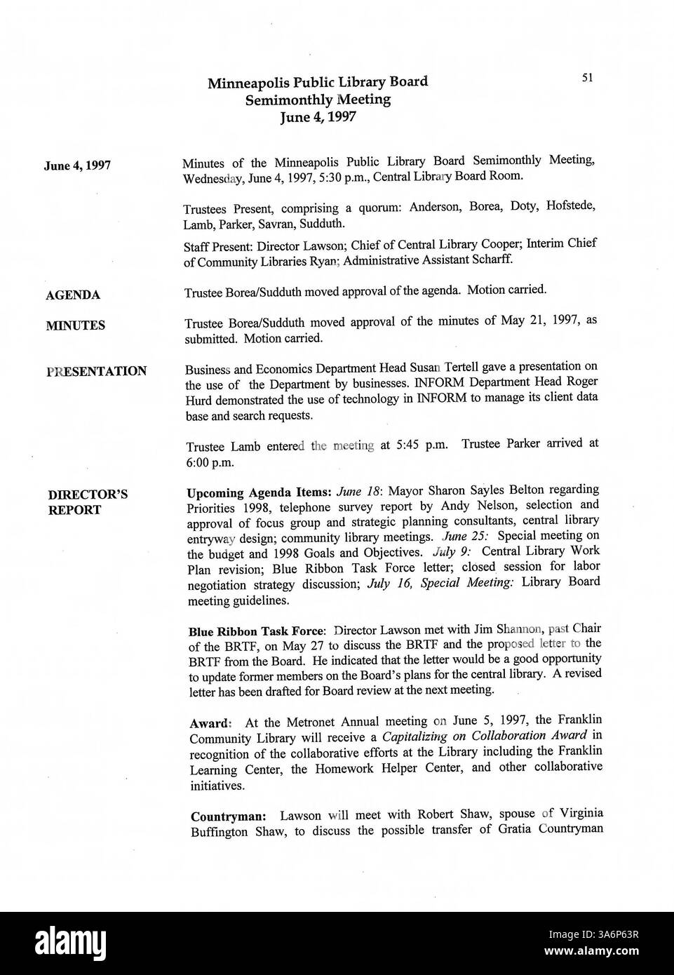 Les procès-verbaux de réunion de 1997 du conseil d'administration de la Bibliothèque publique de Minneapolis saisissent les décisions importantes concernant les opérations de la bibliothèque, y compris la planification financière, les mises à jour du programme et la participation du conseil à l'amélioration des services de bibliothèque communautaire. Banque D'Images Les procès-verbaux de réunion de 1997 du conseil d'administration de la Bibliothèque publique de Minneapolis saisissent les décisions importantes concernant les opérations de la bibliothèque, y compris la planification financière, les mises à jour du programme et la participation du conseil à l'amélioration des services de bibliothèque communautaire. Banque D'Images