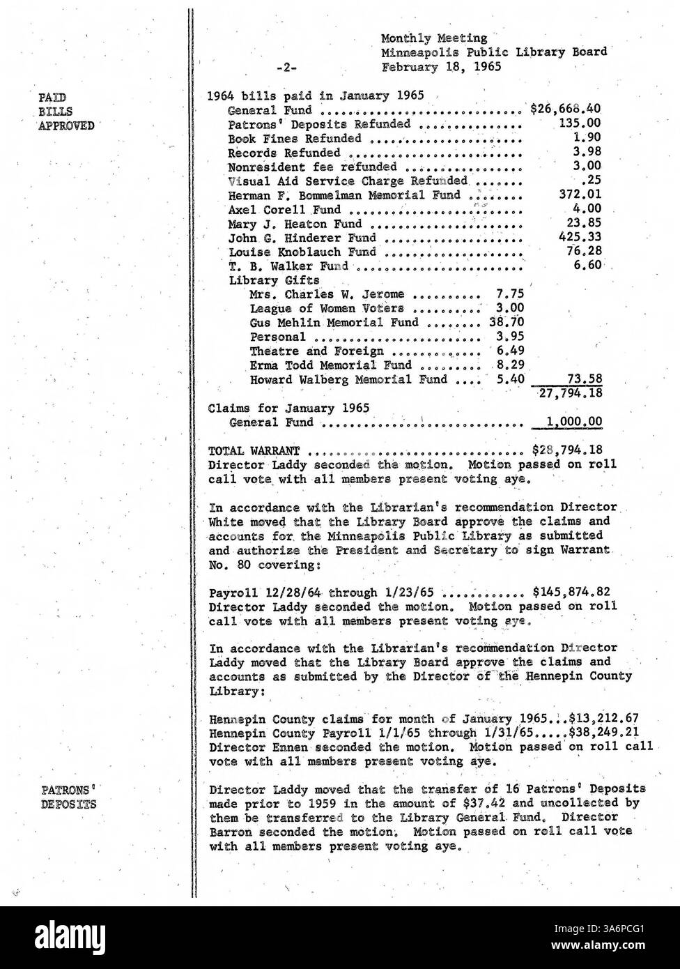 Ces procès-verbaux des réunions de 1965 du conseil d'administration de la Bibliothèque publique de Minneapolis détaillent les décisions et les mesures importantes prises par le conseil, offrant une perspective historique sur la gouvernance des bibliothèques au cours de cette année. Banque D'Images