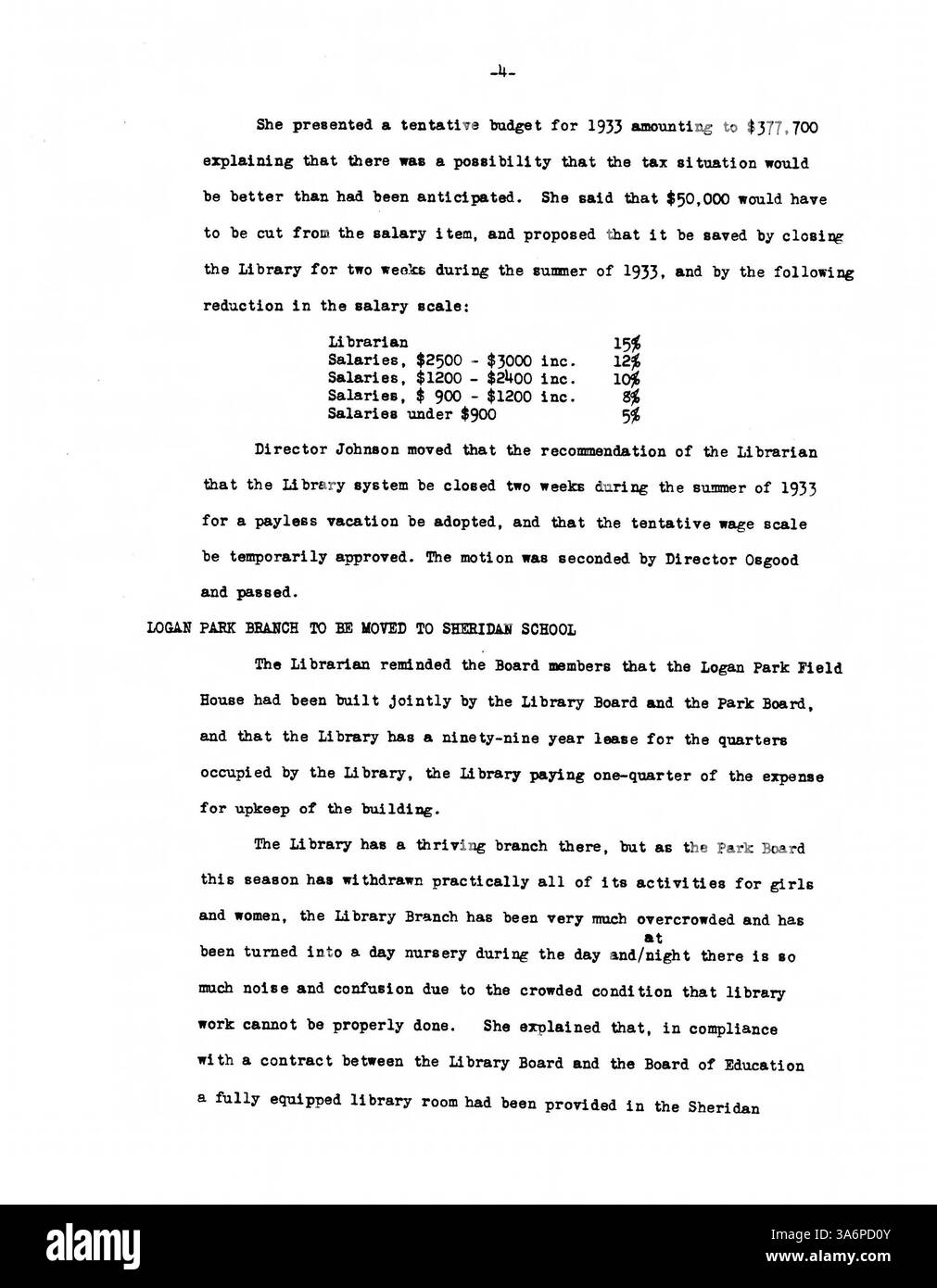 Les minutes du conseil d’administration de la Bibliothèque publique de Minneapolis de 1932 soulignent les discussions sur le budget de la bibliothèque, les changements de service et l’accès du public aux services de bibliothèque pendant la Grande dépression. Banque D'Images