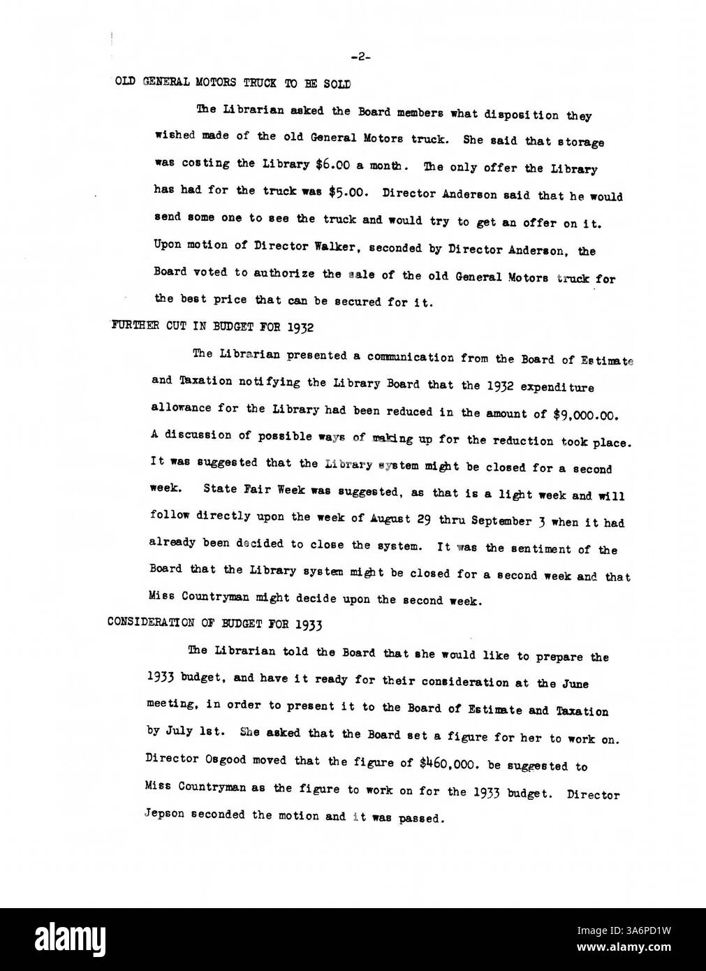 Le procès-verbal de la réunion de 1932 documente les décisions du conseil de la Bibliothèque publique de Minneapolis sur la budgétisation, les services de bibliothèque et l’engagement du public au milieu des défis économiques de la Grande dépression. Banque D'Images
