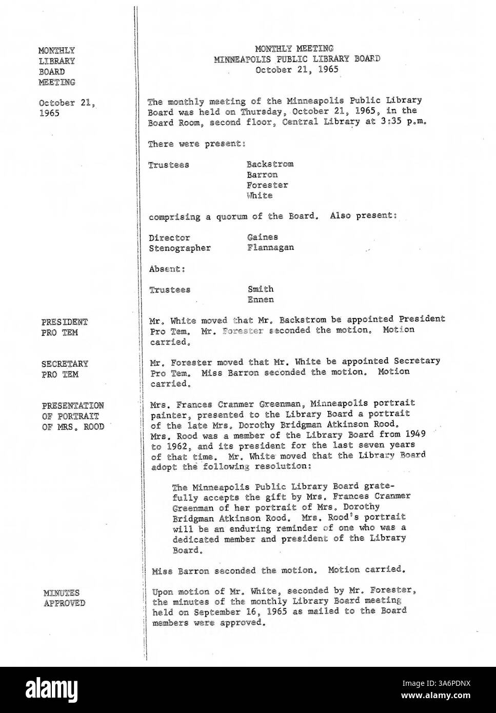 Les 1965 minutes du conseil d'administration de la Bibliothèque publique de Minneapolis fournissent un résumé des décisions concernant les politiques, les services et les initiatives d'engagement communautaire des bibliothèques. Banque D'Images