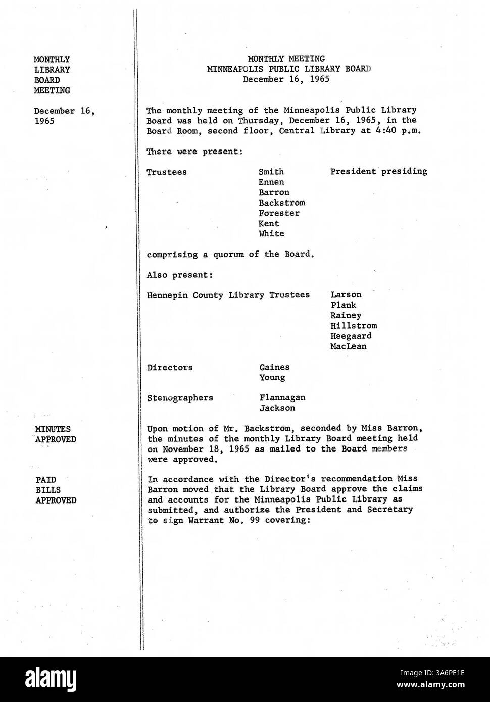 Les 1965 procès-verbaux du conseil d'administration de la Bibliothèque publique de Minneapolis résument les décisions sur les services de bibliothèque, les questions opérationnelles et les politiques de la fonction publique pour cette année-là. Banque D'Images