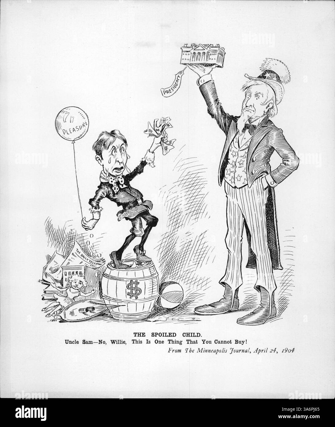 Une caricature politique montre l'oncle Sam refusant à l'enfant William Hearst la présidence, symbolisant la tentative infructueuse de Hearst d'acheter de l'influence politique pour l'investiture démocrate, malgré des dépenses considérables. Banque D'Images