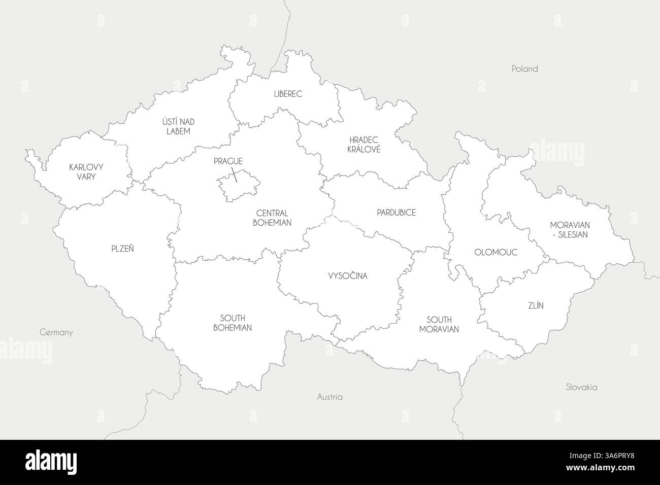 Carte vectorielle de la Tchéquie ou de la République tchèque avec les régions et divisions administratives, et les pays et territoires voisins. Modifiable et clairement la Illustration de Vecteur