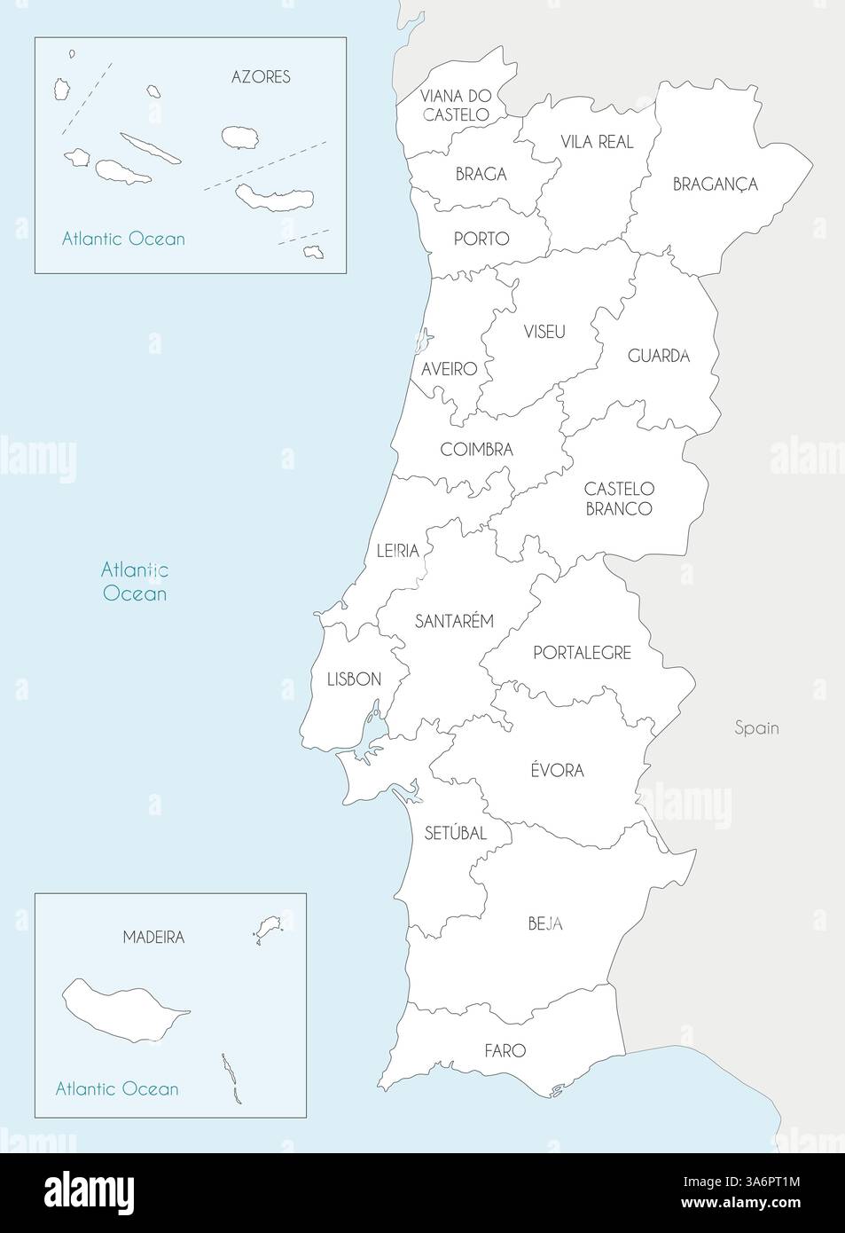 Carte vectorielle régionale du Portugal avec les districts, les régions autonomes et les divisions administratives, et les pays et territoires voisins. Modifiable Illustration de Vecteur