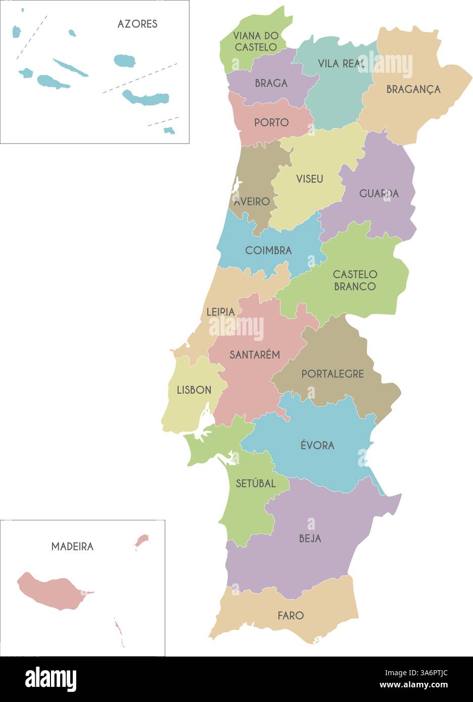 Carte vectorielle régionale du Portugal avec districts, régions autonomes ou territoires et divisions administratives. Calques modifiables et clairement étiquetés. Illustration de Vecteur