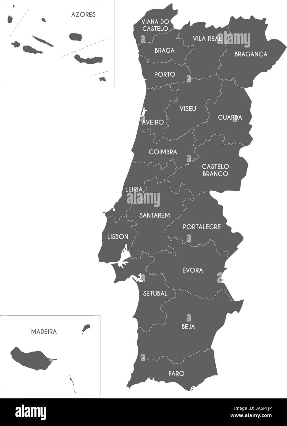 Carte vectorielle régionale du Portugal avec districts, régions autonomes ou territoires et divisions administratives. Calques modifiables et clairement étiquetés. Illustration de Vecteur